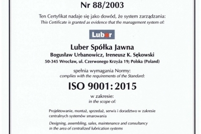 Certyfikat systemu zapewnienia jakości ISO 9001:2015